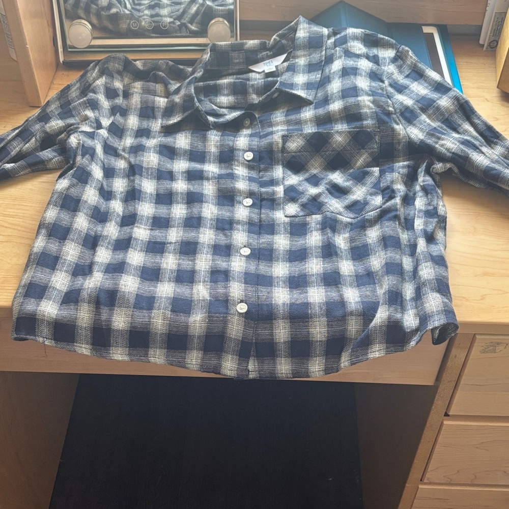 Time and Tru Blue Plaid Button Down Shirt